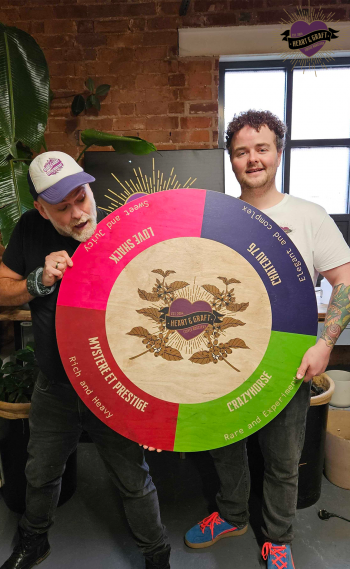 Sean and James holding a wooden wheel which has printed on it the four archetypes.